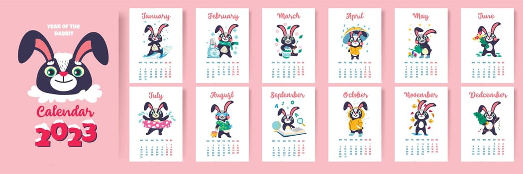 Calendar for 2023, year of rabbit, months and days