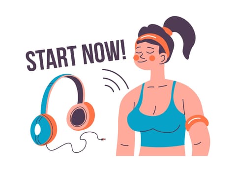 Sports and fitness, active lifestyle start now. Woman wearing sportive clothes and listening to headphones. Active workout and training for athlete, female character with gadget. Vector in flat style