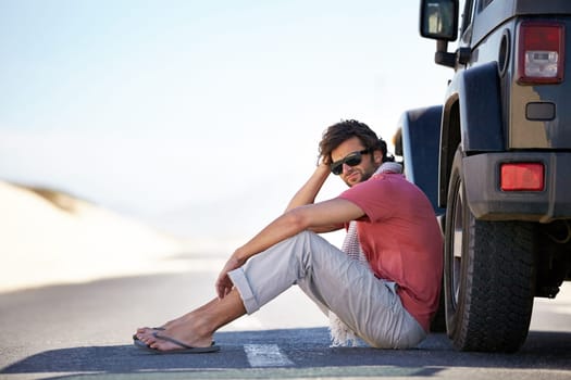 Breakdown, desert and man at car on road trip with emergency, travel and desert adventure for summer vacation. Transport, holiday journey and driver waiting at van with problem, suv and countryside.