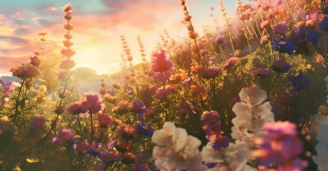 color sunset outdoor violet nature sunny meadow sunlight background blossom blooming pink beautiful cosmos pretty landscape flower fresh field plant spring. Generative AI.