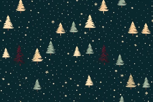 seamless 2d Christmas pattern of spruce trees on green background, neural network generated image.