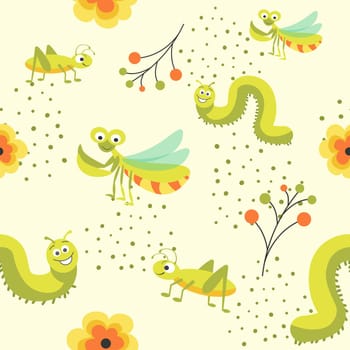 Funny insect characters, flies and caterpillar