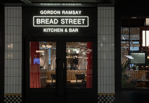 Facade of Bread Street Kitchen & Bar. Restaurant that brings a distinct New York loft feel to Battersea Power Station’s Turbine Hall A.