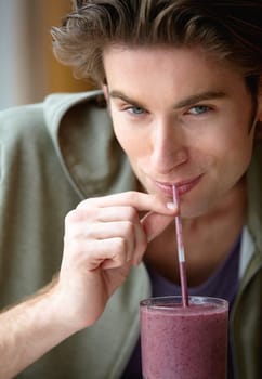 Man, smile or portrait for health smoothie or fruit drink for breakfast, morning fibre or healthy detox choice. Male person, closeup or diet liquid shake organic taste, vegan or nutrition raw vitamin