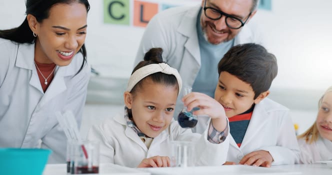 Science, education and students in a classroom with their teachers for learning or to study chemistry. Children, school and scholarship with kids in a lab for an experiment of chemical reaction