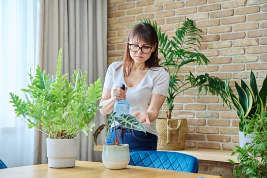 Woman spraying indoor plants at home using spray bottle with fertilized water