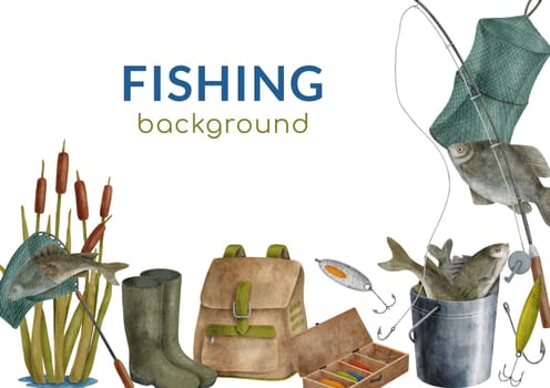 Watercolor fishing background. Horizontal frame with hand drawn fishing rod, bait, lure, landing net, bucket with fish, backpack and reed isolated on white. Angling frame, catching fish banner.