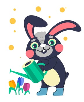Rabbit character watering tulips in spring vector