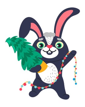 Bunny character with Christmas tree and garlands