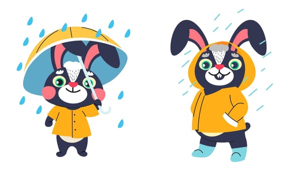 Rabbit wearing raincoat standing under rainfall