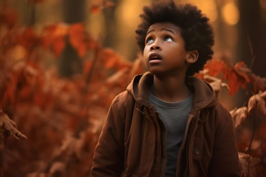 African American boy lost in forest at autumn evening, neural network generated photorealistic image