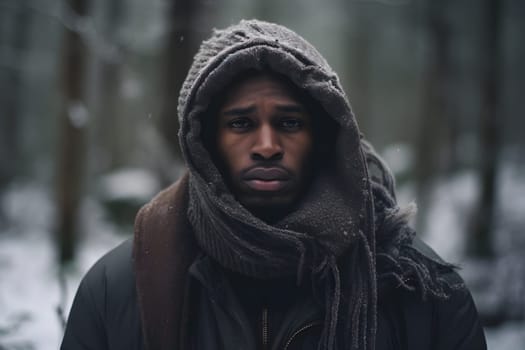 African American man lost in forest at winter evening, neural network generated photorealistic image
