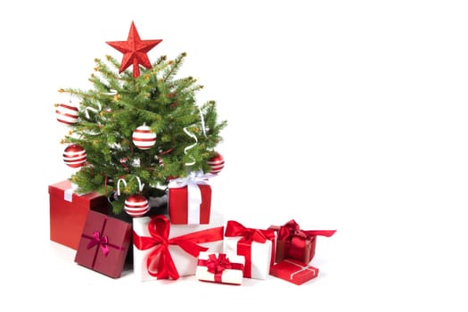 Decorated Christmas tree and gift boxes