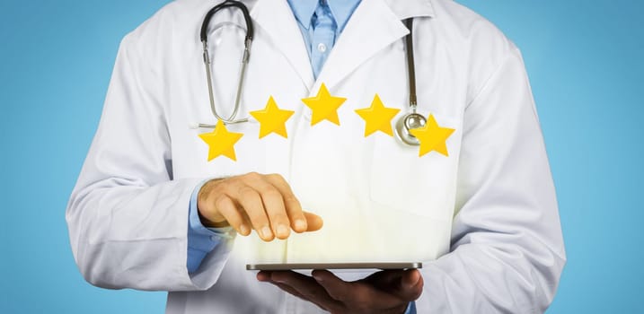Doctor with tablet, surrounded by glowing 5-star rating