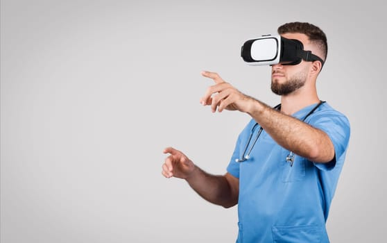 Doctor using VR headset, interacting with virtual interface