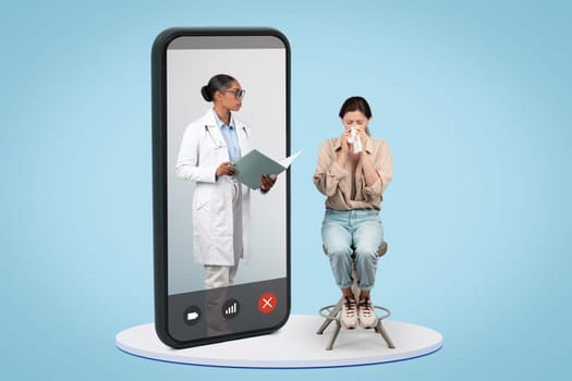 Serious black doctor and lady patient cry on big phone screen, isolated on blue background