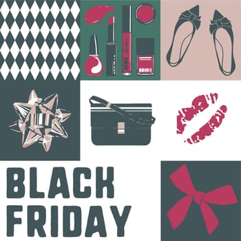 Black friday discounts and sales. Fashion and beauty, ribbon bows and women purse, shoes and pattern of cloth. Cosmetics and makeup. Promotional banner or advertisement. Vector in flat style