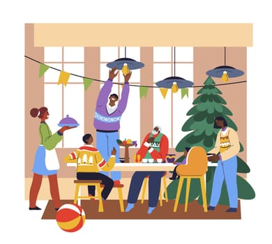 Family preparing for new year, parents and kids spending xmas holiday together at home. Dinner with members, children and grandfather. Pine tree and colorful hanging flags. Vector in flat style