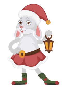 Winter rabbit character with lanterns and hat