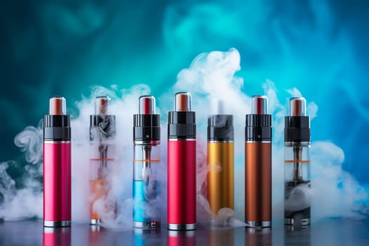 Set of colorful disposable electronic cigarettes on a blue background.