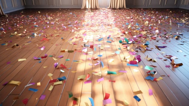 Background floor with shining confetti. Cleaning up after the holiday, the party