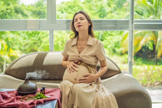 A serene moment captured as a pregnant woman after 40 embraces the soothing benefits of aroma oils and an aroma diffuser, enhancing her pregnancy journey with relaxation and tranquility