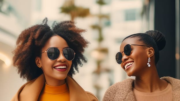 Two happy dark-skinned and smiling female friends walk through boutiques and shopping centers and buy goods on Black Friday sales day.
