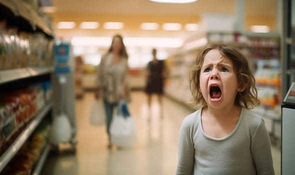 Upset hysterical child crying loudly while manipulating parents and standing against food stall in supermarket. Child misbehave in grocery store copy space