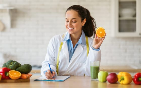 Smiling dietitian holding orange slice, noting indoors