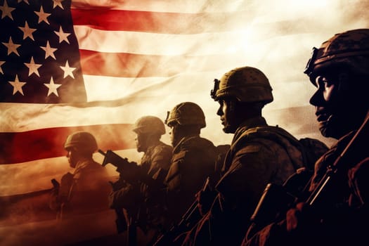 Silhouettes of American army soldiers against the background of the US flag