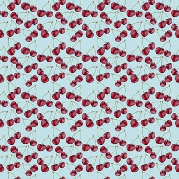 Illustration realism seamless pattern berry burgundy cherry on a light blue background