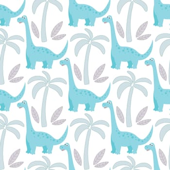 Funny dinosaurs and palm trees seamless pattern