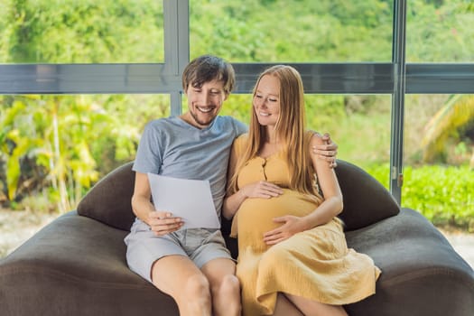 A joyful husband and his pregnant wife share a moment of excitement, smiling while looking at an important document, their faces radiating happiness and anticipation