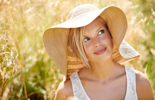 Woman, thinking and hat in wheat field or sunshine summer relax, look on farm. Female person, idea and grass straw meadow nature for fresh clean air countryside or plants park, weekend rest or rural