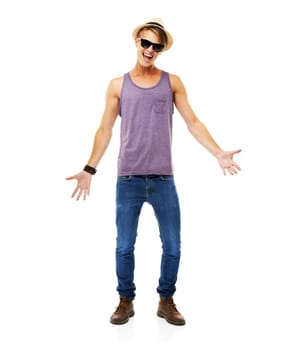 Casual, fashion and portrait of man on vacation, holiday or happiness in sunglasses with hat. Happy, face or excited person in jeans and tshirt for weekend, break or hipster style in white background