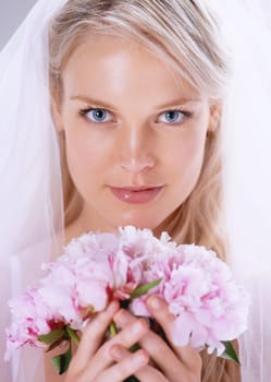 Portrait, woman and bride with a bouquet, celebration and happiness with event, excited and smile. Face, person and girl with flowers, wedding and marriage with plants, beauty and commitment with joy