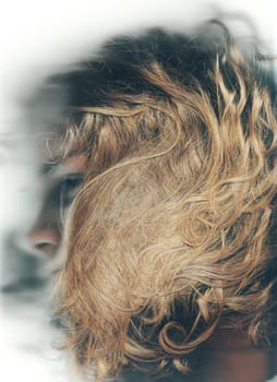 Hair, care and closeup of man with damaged hairstyle in barber, studio or salon. Split ends, haircut and person at the hairdresser for treatment with messy, frizz and knot in long wavy strands