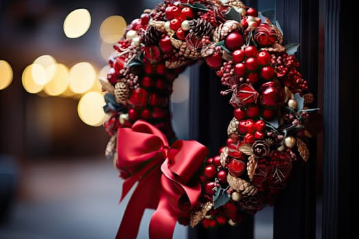 a christmas wreath hanging on the side of a door with lights in the background and a red bow tied around it