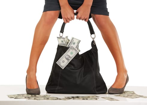 Cash, currency and person with bag of money for finance, economy and banking for investment, payment and profit. Dollars, bank notes and woman for savings, financial growth and investing for increase