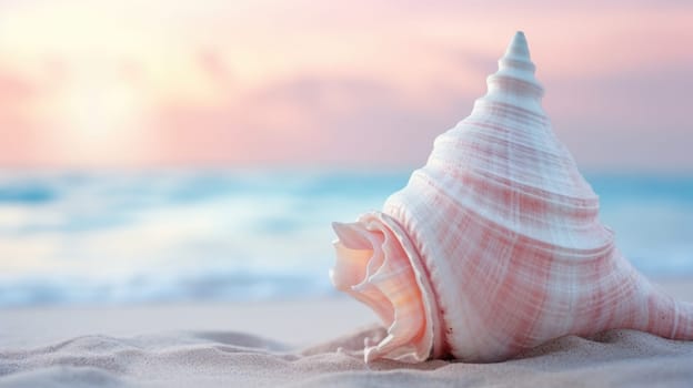 A pink shell on the beach at sunset, AI