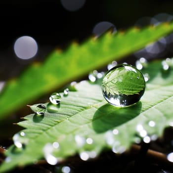 Photograph water droplets on a leaf, AI