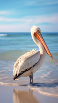 A pelican standing on the beach with its beak open, AI