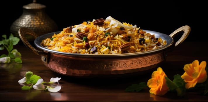 Indian biryani in copper bowl with flowers and spices, AI