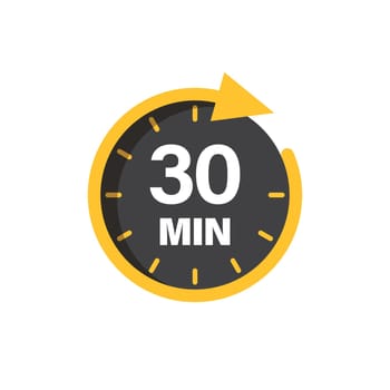 30 minutes on stopwatch icon in flat style. Clock face timer vector illustration on isolated background. Countdown sign business concept.