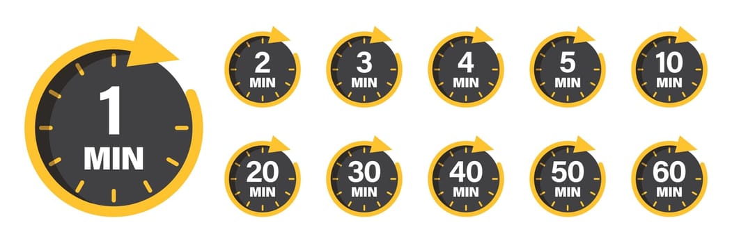 From 1 minite to 60 minutes on stopwatch icon in flat style. Clock face timer vector illustration on isolated background. Countdown sign business concept.
