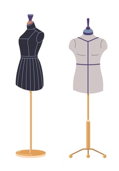 Mannequins for shop, designing and making clothes, bespoke or custom. Store window presentation of outfits. Designing and sewing apparel for men and women, fashion model. Vector in flat style