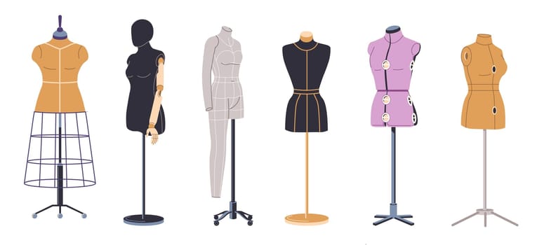 Fashionable clothes making and sewing, bespoke or custom clothing for women. Isolated mannequins with waist for apparels and outfits. Clothing for ladies, atelier or shop. Vector in flat style