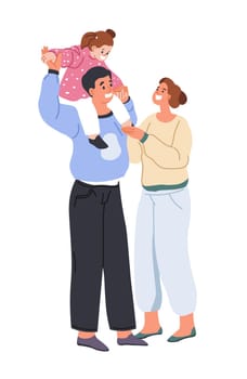 Parents and child family, isolated mother and father playing with daughter. Dad holding kid on shoulder, mom smiling to girl. Love and care for each other, weekends fun. Vector in flat style