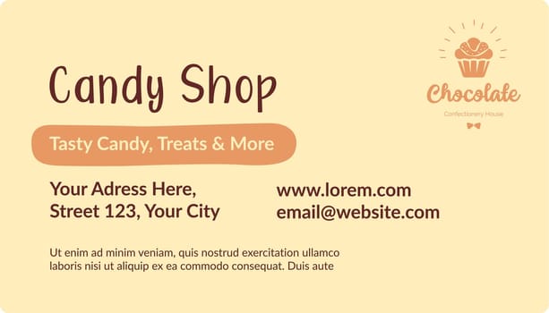 Candy shop, business card with contact information