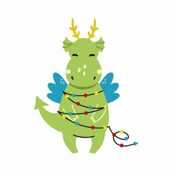 Funny cute dragon got tangled in a garland. symbol of new year 2024 according to Eastern calendar.  illustration in style of doodles. Cartoon sticker.